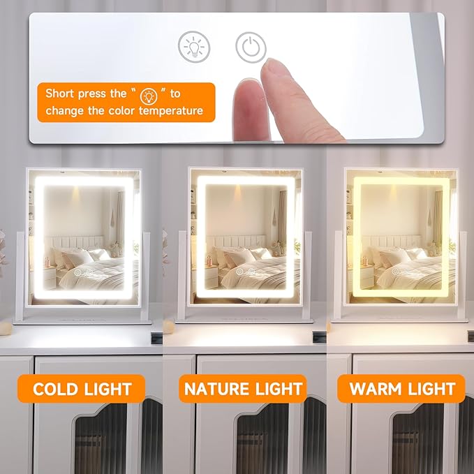 Lighted Makeup Mirror，Hollywood Vanity Mirror with Lights，Touch Control，3 Colors Dimable，Brightness Adjustable，Detachable 10x Magnification，for Vanity Desk Tabletop，Bedroom，360°Rotation，Gift for Women