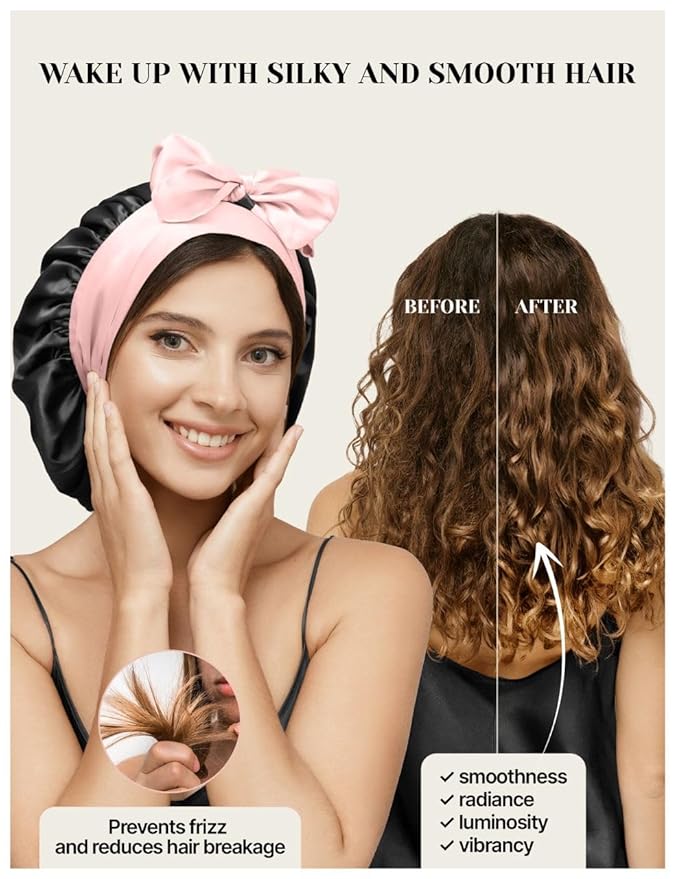 100% Mulberry Silk Bonnet for Sleeping Women with Curly Hair - Short Long Hair Bonnet for Sleeping - Alternative to Double Layer Satin Bonnet with Tie Band - Premium Wrap for Sleep Black