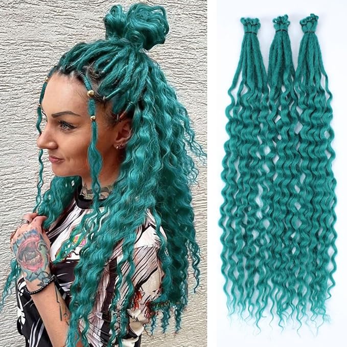 24 In 30 Strands Curly Dreadlock Extensions, Castleton Green Synthetic Single Ended Dreads Extensions, 100% Handmade Dreads Hippie Style Dreadlocks for Woman
