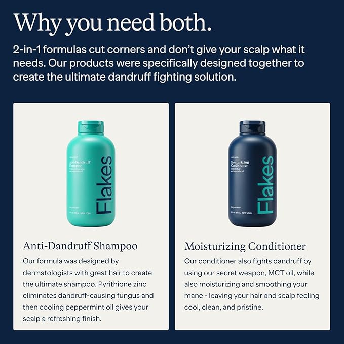Flakes Anti-Dandruff Shampoo and Conditioner Set for Men | Dry, Flaky, & Itchy Scalp Relief | Sulfate and Paraben Free for Healthy Hair | Gentle, Hydrating Shampoo & Moisturizing Conditioner | 9 fl oz