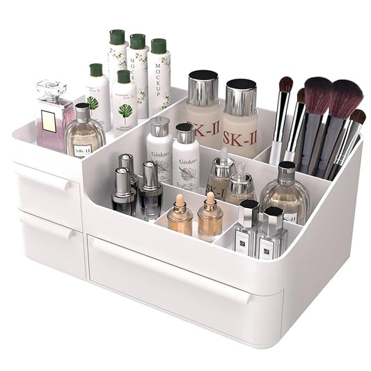 Makeup Organizer with Drawers, Countertop Organizer for Vanity, Bathroom and Bedroom Desk Cosmetics Display Case for Brushes, Lotions, Perfumes, Eyeshadow, Lipstick and Nail Polish, White