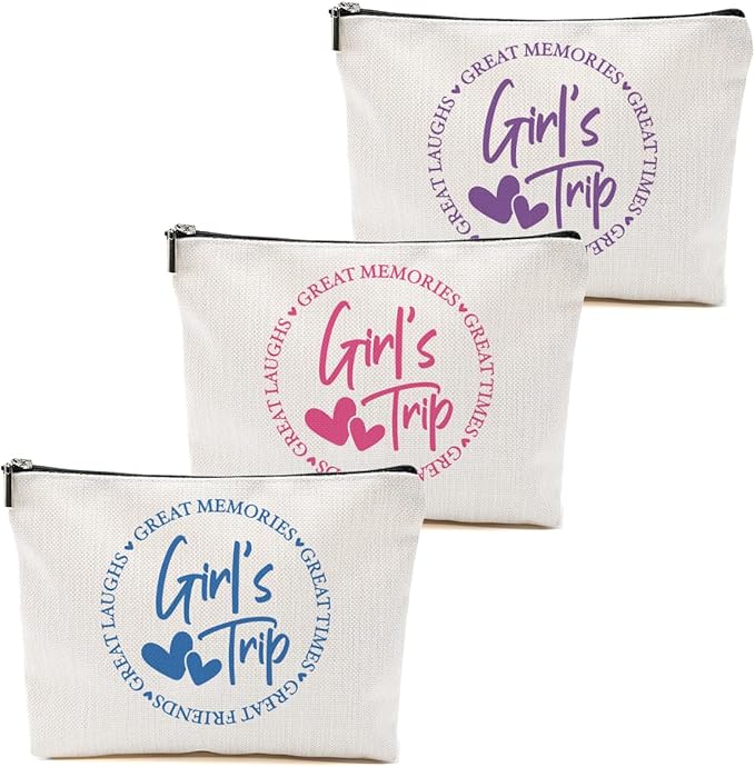 3Pcs Girls Trip Gifts Favors, 2025 Girls Weekend Gifts Funny Makeup Bag, Bestie Gifts Weekend Bag Vacation Cosmetic Bag, Friendship Gifts for Women Bestie BFF, Graduation Wedding Gifts Toiletry Bag