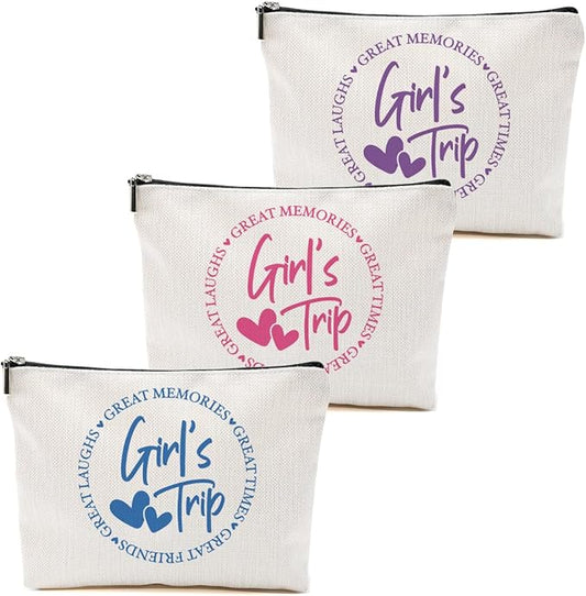 3Pcs Girls Trip Gifts Favors, 2025 Girls Weekend Gifts Funny Makeup Bag, Bestie Gifts Weekend Bag Vacation Cosmetic Bag, Friendship Gifts for Women Bestie BFF, Graduation Wedding Gifts Toiletry Bag