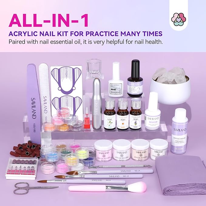 SAVILAND Acrylic Nail Kit with Drill & Essential Oil: Professional Acrylic Nails Kit for Beginners with Everything Nail Powder Set & Liquid Nail Primer Starter DIY Home Salon Art