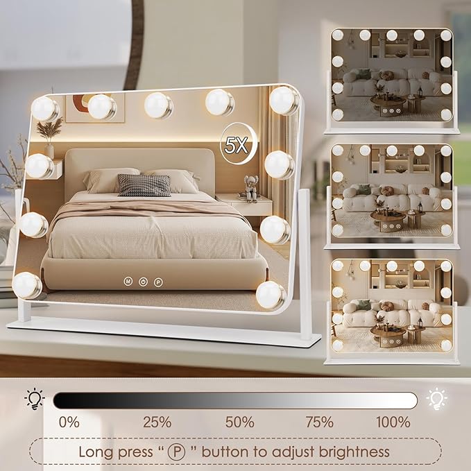 360° Vanity Mirror with Lights 11 Led Bulbs Hollywood Lighted Makeup Mirror with 5X Magnification Mirror Hollywood Cosmetic Mirror Tabletop Makeup Mirror with 3 Lighting Modes 16x13 Inch