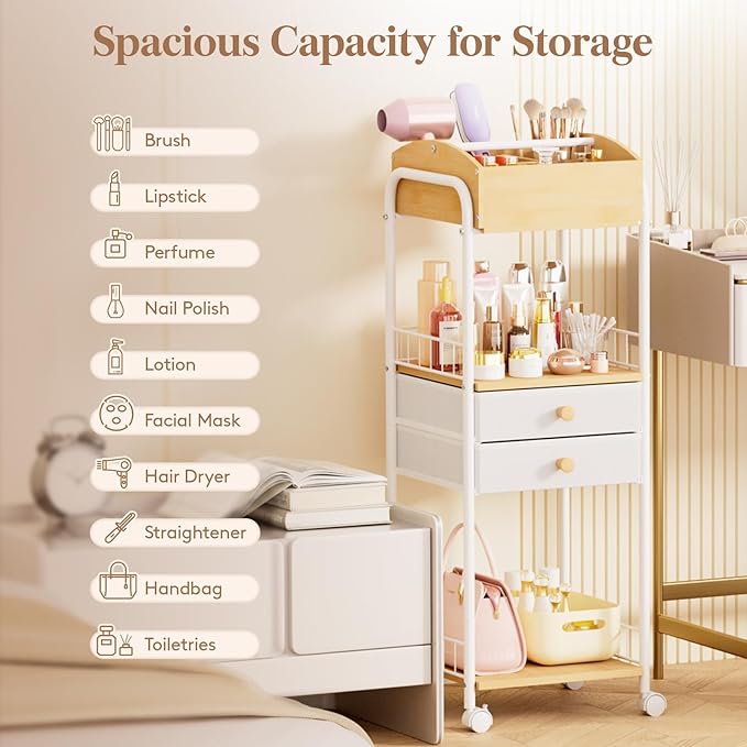 Lifewit Floor Makeup Organizer Storage Cart with Drawers and Wheels, Skincare Cosmetics Organizers with Removable Top Tray, Vanity Organizer for Nail Polish Perfume Makeup Brush, Ideal Gift, White