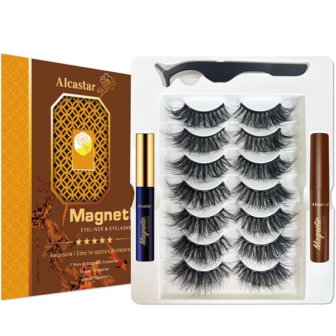 Alcastar Magnetic Eyelashes with Eyeliner Kit,Natural Magnetic Eyelash,Water, proof Reusable Long Lasting, Easy Apply (Mink Fluffy7-222)