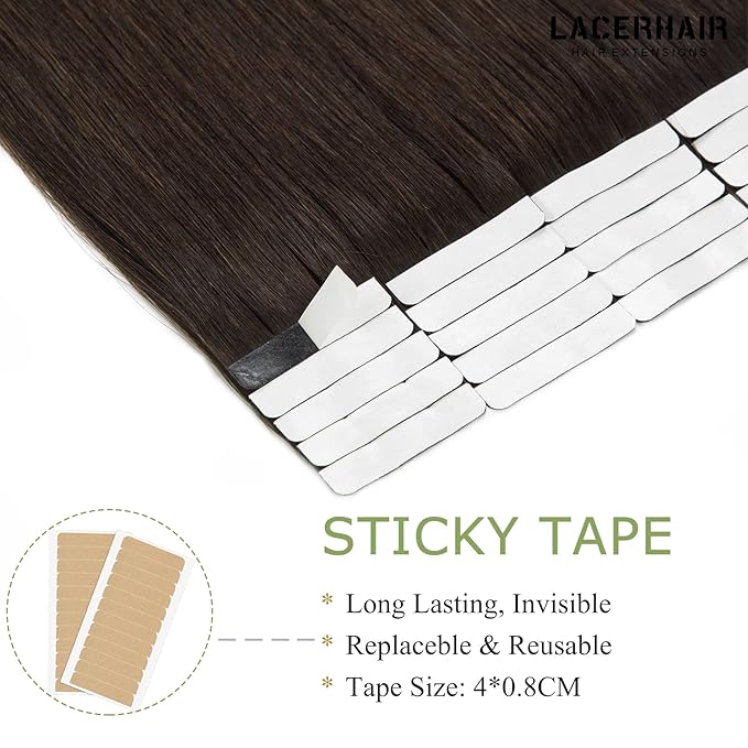 Lacer Tape in Extensions Human Hair Dark Brown Color Seamless PU Weft Straight Tape in Hair Extensions Real Human Hair for Black Women 20pcs/set 50g 22 Inch