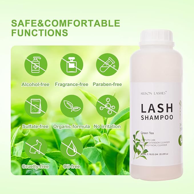 Arison Eyelash Eyelash Extension Shampoo 600ml / Eyelid Foaming Cleanser/Wash for Extensions and Natural Lashes/Paraben & Sulfate Free Safe Makeup & / Professional & Self Use (Green Tea)