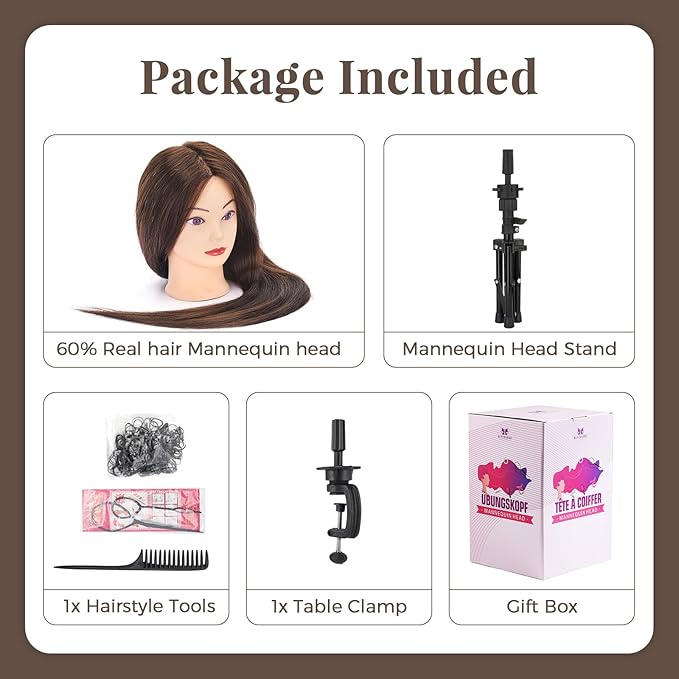 28" Mannequin Head with 60% Real Hair,Cosmetology Manikin Practice Doll Head with Hair,Braiding Hairdressing Head with Tripod Stand for Hair Styling with Table Clamp + DIY Hair Styling Set #4
