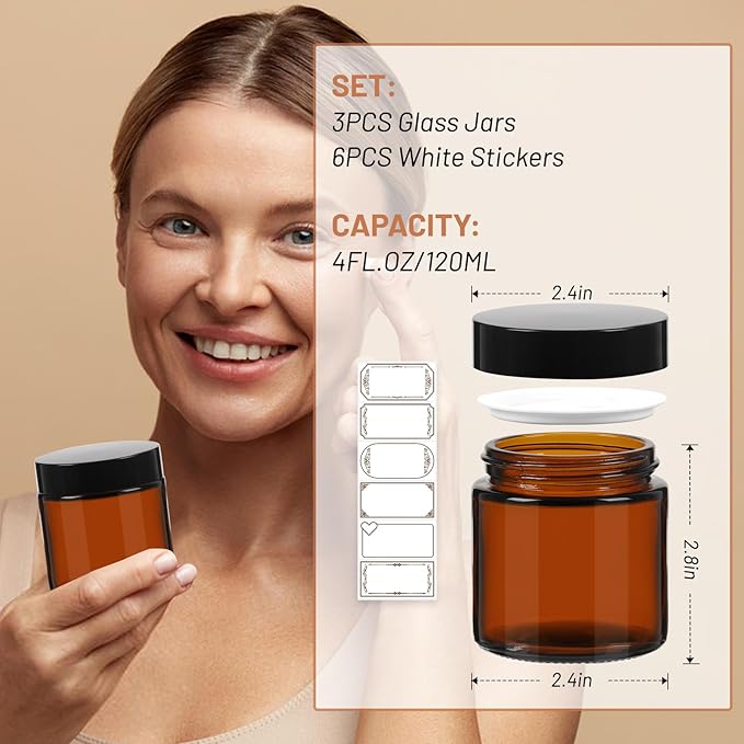 AuroTrends 4 oz Amber Glas Jars with Lids 3Pack, Portable Amber Round Empty Glass Candle Jars with Lids/Body Butters Containers/Body Butter Jar (4 fl. oz, Set of 3)