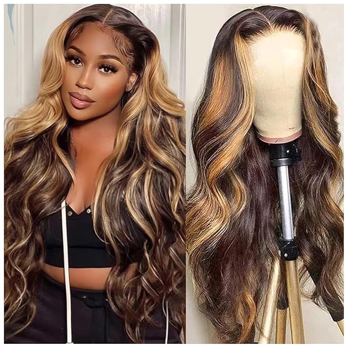 28Inch Highlight Body Wave Lace Front Wig Human Hair P4/27 Colored Ombre Lace Front Wigs Human Hair 13x4 Lace Frontal Wigs for Women 180% Density Glueless Honey Blonde Wigs