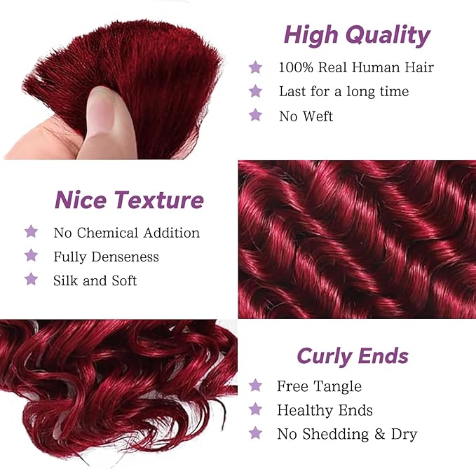 Human Braiding Hair For Boho Braids Deep Water Wave Human Bulk Hair for Braiding 12A Brazilian Virgin Human Hair Extensions for Boho Braids 3 Bundles/Pack 110g 99J Red Burgundy 22inch