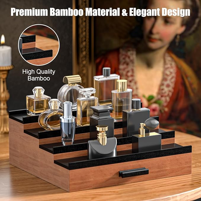 Sephyroth Cologne Organizer for Men – 4 Tier Perfume Display with Hidden Storage & Drawer, Elegant Perfume Storage Box, Durable Craftsmanship, Great Gift for Man (WalnutBlack)