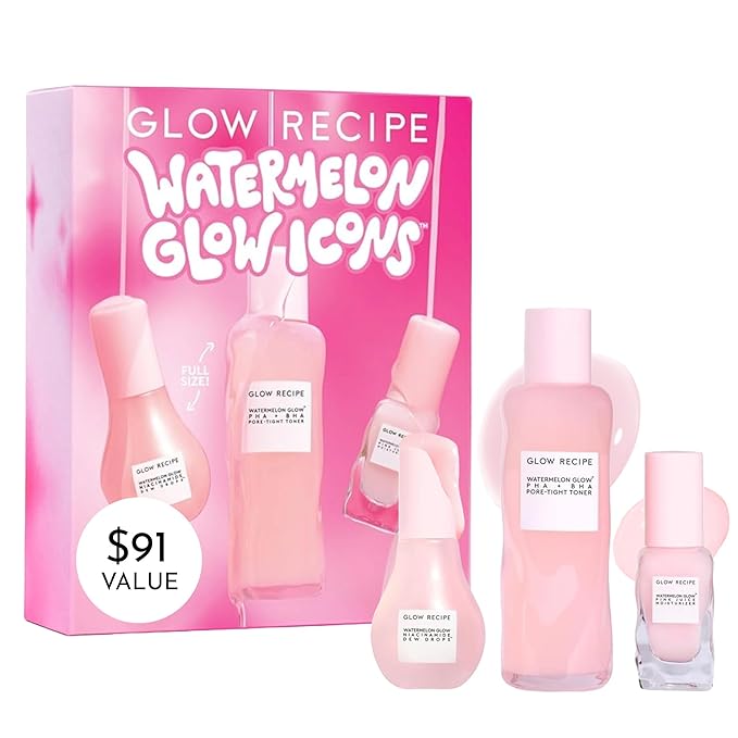 Glow Recipe Watermelon Glow Icons Skin Care Gift Set - Niacinamide Dew Drops Face Serum (40ml) + PHA + BHA Pore Minimizing Toner with Hyaluronic Acid (150ml) + Pink Juice Facial Moisturizer (25ml)
