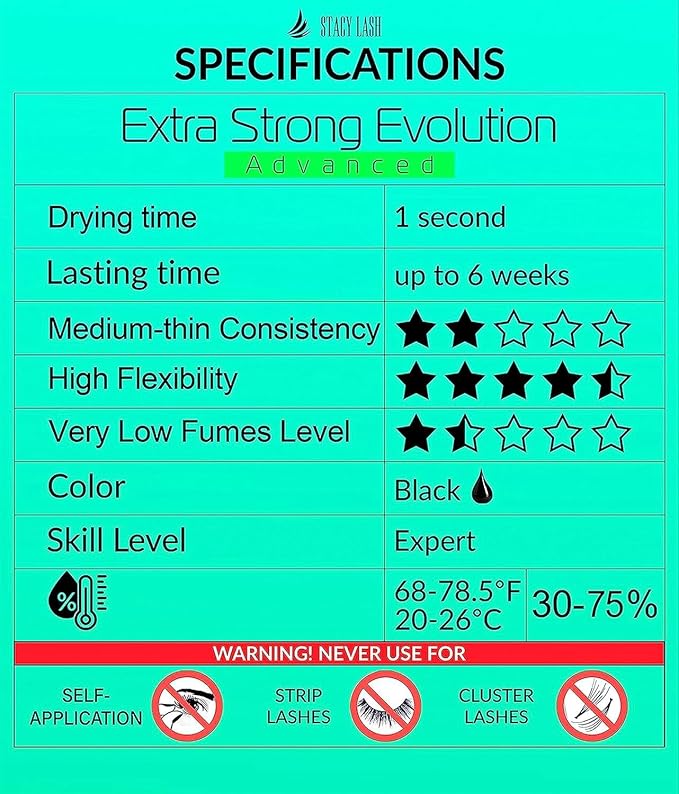 Stacy Lash Extra Strong Evolution Advanced Eyelash Extension Glue (0.17fl.oz/5ml)/ 1Sec Dry /6Weeks Retention/Black Adhesive/Professional Supplies
