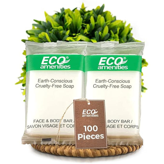 ECO amenities Bar Soap Bulk - 100 Pack, 1.0 oz Travel Size Soap Bars - Individually Wrapped For Hotels - Great for Vacation Rental and Airbnb Toiletries or Hygiene Kits Supplies