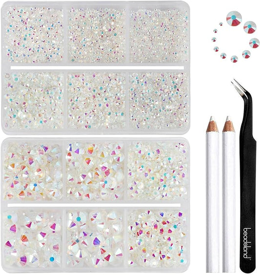Beadsland 8300PCS Flatback Rhinestones, Glass Rhinestone Nail Gems Round Crystal Rhinestones for Crafts, Mixed 10 Sizes with Wax Pencil and Tweezer Kit, SS3-SS30, Transparent AB