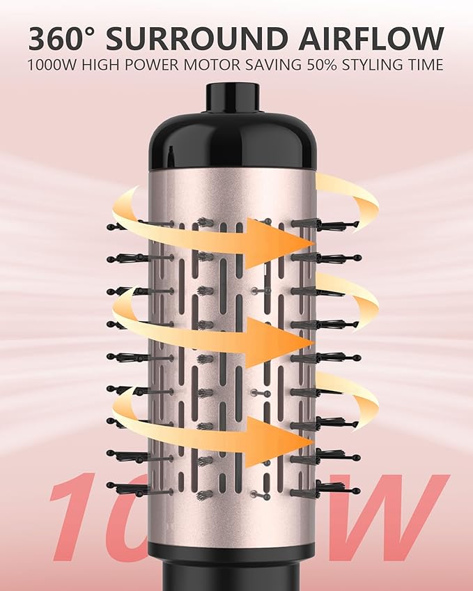 ANWA Rotating Hair Dryer Brush, 4-in-1 Hot Air Styler and Rotating Brush, Rotating Blow Dryer Brush with 2 Detachable Brushes(1.5"& 2"), Pink