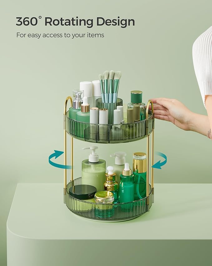 SONGMICS Makeup Organizer, 2-Tier Round Rotating Skincare Organizer Countertop, Customizable, Toiletries Vanity Organizer, Lazy Susan, Gift for Mom, Pale Green UJKA012C01