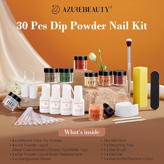 AZUREBEAUTY Dip Nails Powder Starter Kit, Maple Grey Sage Green Dark 8 Colors Set with Nail Sticks, Fall Nail Art Base Glossy/Matte Top Coat Activator Essential Liquid Manicure DIY Salon 30 PCS
