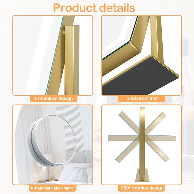 Arched Makeup Vanity Mirror with Lights 17.2" Large LED Lighted Mirror, Hollywood Make Up Mirror with Lighting, Smart Touch,Detachable 5X Magnification 360° Rotation, (Gold,Gift Box)