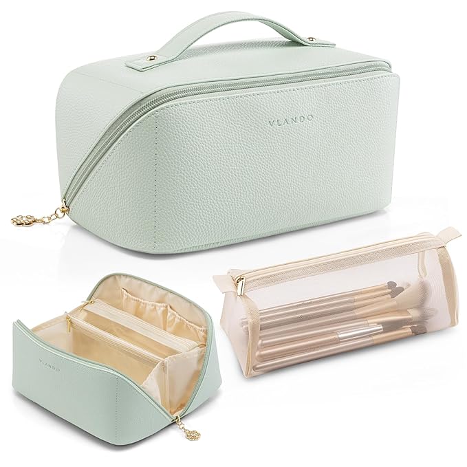 Vlando Makeup Bag,Travel Makeup Bag Waterproof Portable Cosmetic Bag PU Leather Open Flat Make up Organizer for Toiletries,Makeup Brushes Bag Gifts for Teen Girls Women(Mint Green)