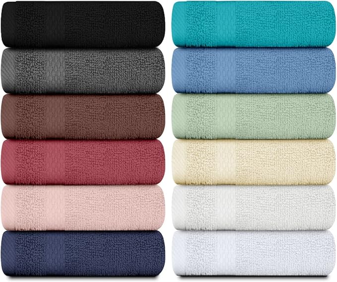 White Classic Luxury Wash Cloths 12 Pack, 13 x 13 inches Small Towels for Face, Multicolor Hotel Quality Washcloth for Showering, Gym, Spa, Bathroom, Cotton Wash Clothes Set (1pc of Each Color)