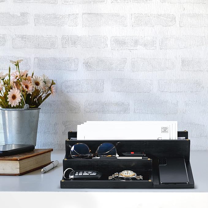 Cologne Organizer for Men, Bamboo Wood 4 Tier Display Stand with 2 Hidden Compartments, Perfume, Vanity, Dresser, EDC Organizer, Rustic Black