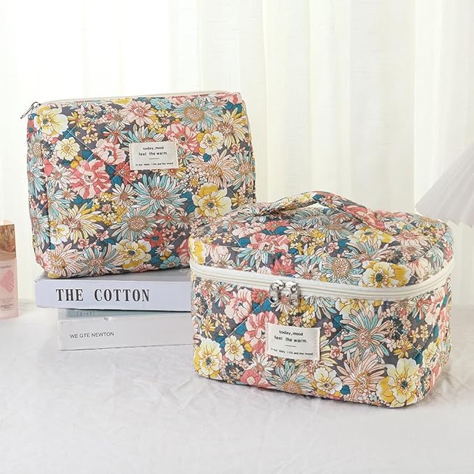 3Pcs Makeup Bag Cotton Quilted Travel Cosmetic Bag Cute Floral Makeup Pouch Large Toiletry Bag for Women Girls (Mixed color flowers)