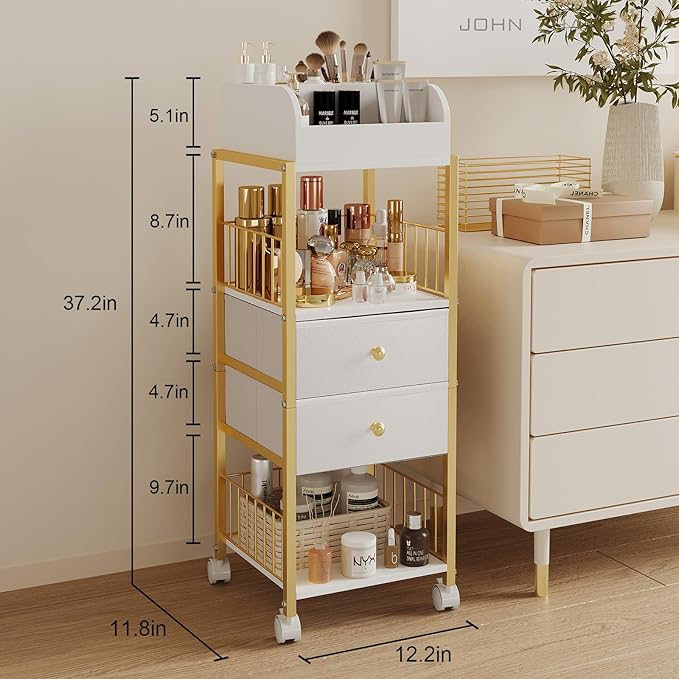 Floor Makeup Organizer Cart, Large Skincare organizers, Makeup Stand with Drawers, Makeup Vanity Organizer Cosmetics Display Cases Holder for Skin Care Nail Polish Perfume Makeup Brush (Gold)