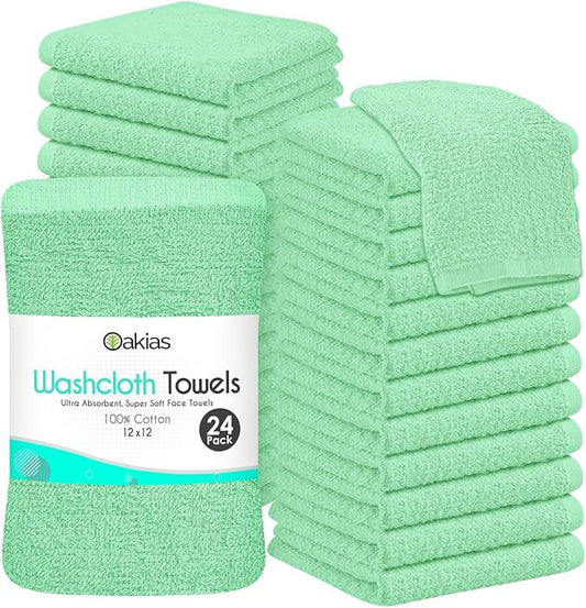 Oakias 100% Cotton Wash Cloths 24 Pack Green - 12 x 12 Inches Ring Spun Cotton Facial Towels - Highly Absorbent Quick Dry Spa Towels - Bulk Washcloths Ideal for Scrubbing and Cleaning
