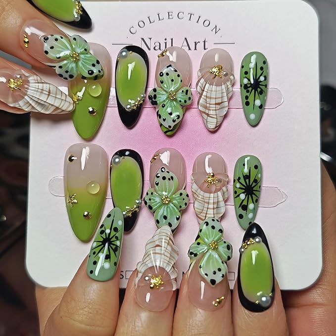 Handmade Acrylic Press On Nails Almond, 3D Press On Nails Medium, 3D Green Nails French Tip Flower Bubble Preal For Women Gift, Reusable Stick On Fake Nails Kit With Nail Glue (Floral Oasis-S)