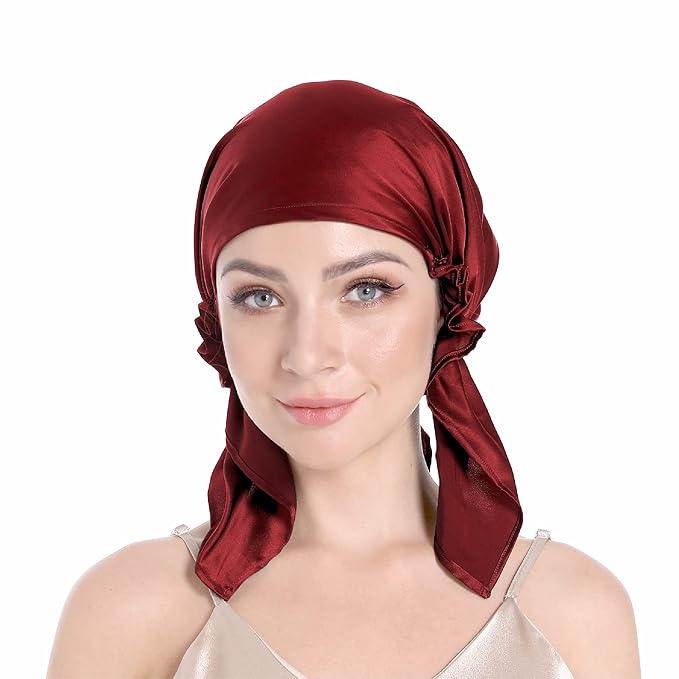 100% Silk Bonnet for Sleeping, Hair Bonnet with Tie Band, Large Silk Sleep Cap for Curly Hair, Silk Hair Wrap for Hair Care