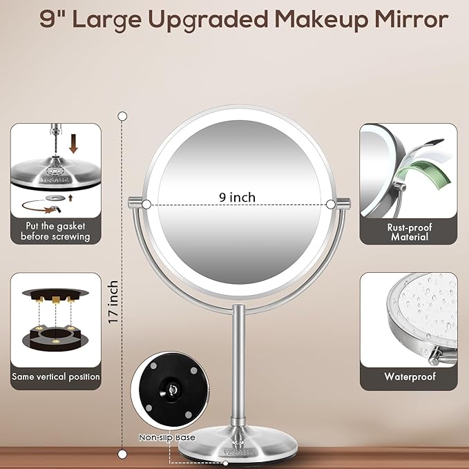 VESAUR 1X15X HD Lighted Makeup Mirror, 9" Large 5000mAh Rechargeable Double Sided Magnifying Mirror with 3 Touch Dimmable Light, 360°Rotation Detachable for Travel Vanity Mirror, Pearl Nickel, Gifts