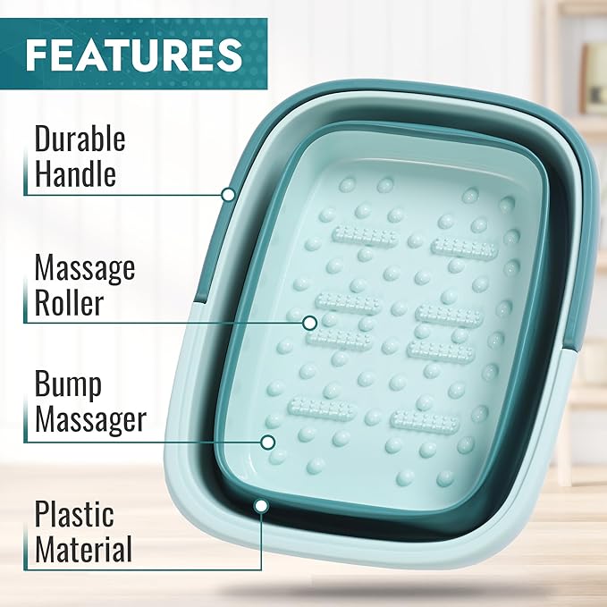 AllSett Health Collapsible Foot Bath – Advanced Foot Soaking Tub with Portable Design and Handle, Compact and Lightweight Foot Soak with Acupressure Points - Green, Blue