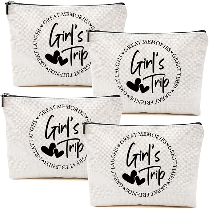 4Pcs Girls Trip Gifts Favors, Girls Weekend Gifts Makeup Bag, Bestie Gifts Weekend Bag Vacation 2025 Cosmetic Bag, Friendship Gifts for Women Best Friend, Graduation Wedding Gifts Toiletry Bag