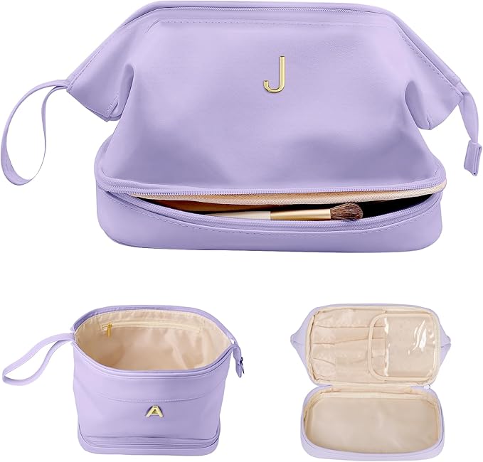 Makeup Bag for Women, Personalized Double Layer Cosmetic Bag with Makeup Brush Organizer, Waterproof, Large Capacity PU Leather Travel Toiletry Bag Gift Gift for Mom，Personalized Gifts