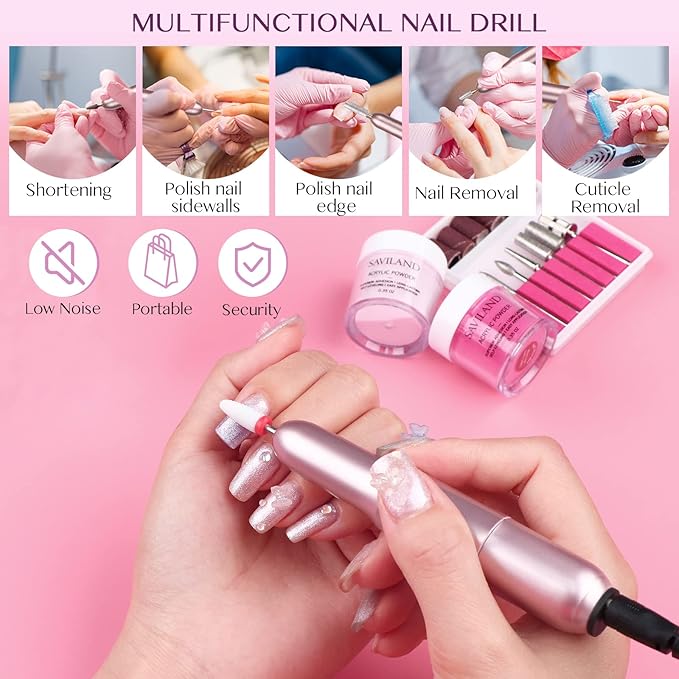 SAVILAND Acrylic Nail Kit with Drill: Professional Set for Beginners with Everything 30g Acrylic Powder & 50ml Monomer Liquid Nail Brush Files Forms Tools Extension Nail Kit Gift Home DIY Salon Nails