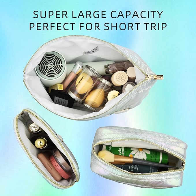 Hiroyuki 3pcs Iridescent Quilted Makeup Bag (plain, cyan)