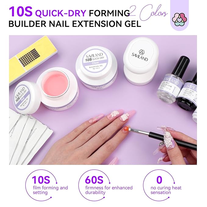 Saviland 15ml Builder Nail Gel In A Bottle Set, 10S Quick-dry Clear Pink Hard Gel Base & Top Gel with Castor Oil & Vitamin E Ingredient Strengthener Extension Repair Nail Art Home Salon