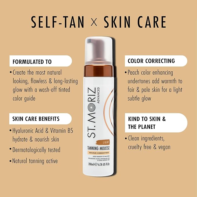 St Moriz Advanced Color Correcting Self Tanner Mousse in Light - Instant Self Tanning Foam for Face & Body - Adds Warmth to Fair Skin - With Hyaluronic Acid for a Natural Sunless Glow - 7.78 fl oz