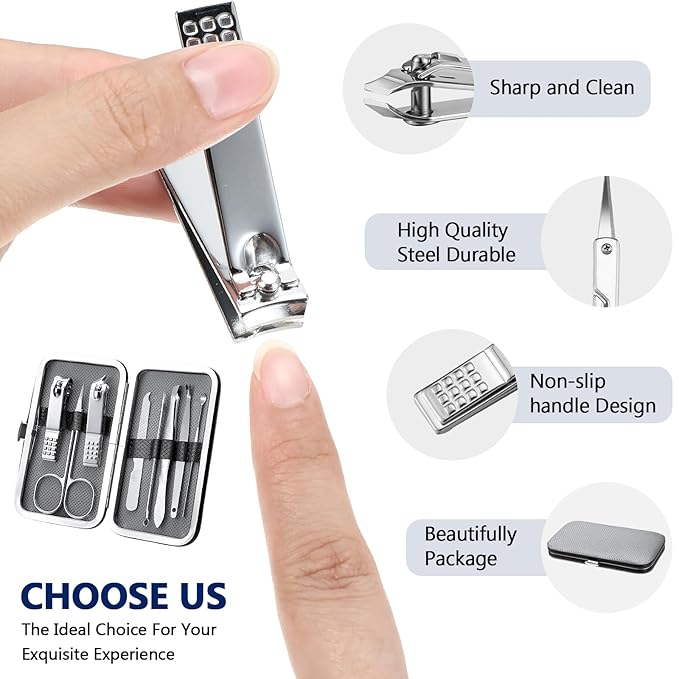 Lasnten 24 Set Manicure Set Bulk Nail Clippers Grooming Nail Kit Stainless Steel Professional Pedicure Kit Pedicure Tools with Travel Case Gifts for Men Women Personal(8 in 1,Gray, Silver)