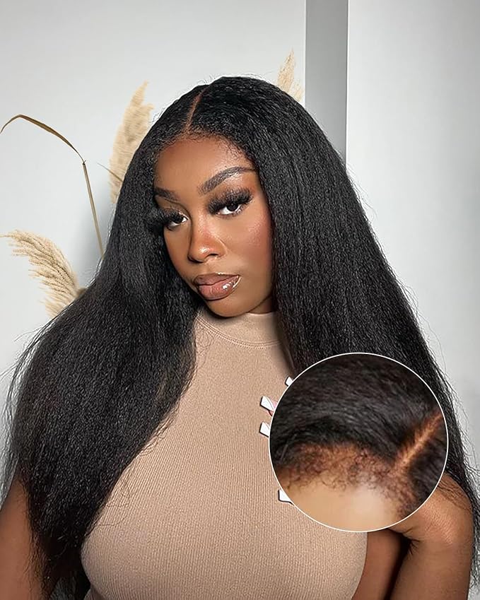 4C Edges HD Lace Front Wig Human Hair Kinky Stairght, 13x4 Lace Frontal Kinkystraight Wigs with Kinky Edges Hairline Pre-Plucked 180% Density 22 inch