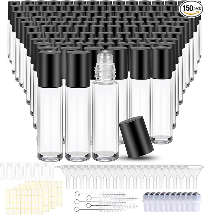 150 Pcs Essential Oil Roller Bottles 10 ml Leakproof Empty Glass Roll on Bottles with Stainless Steel Roller Balls with 20 Funnels 20 Droppers for Travel Perfume Essential Oil
