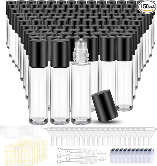 150 Pcs Essential Oil Roller Bottles 10 ml Leakproof Empty Glass Roll on Bottles with Stainless Steel Roller Balls with 20 Funnels 20 Droppers for Travel Perfume Essential Oil