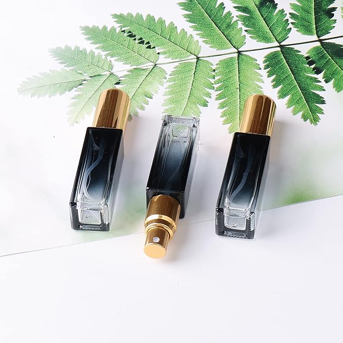 45pcs 10ml Mini Square Spray Bottle Glass Empty Spray Refillable Perfume Bottle Fine Mist Liquid Dispenser for Makeup Skin Care (Gold Cap)