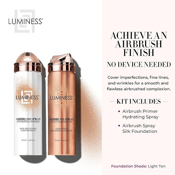 LUMINESS Silk Airbrush Spray Foundation & Primer Kit - Full Coverage Foundation, Anti-Aging Formula Hydrates & Moisturizes with Hyaluronic Acid, Aloe Vera & Hydrolyzed Silk (Shade - Light Tan)