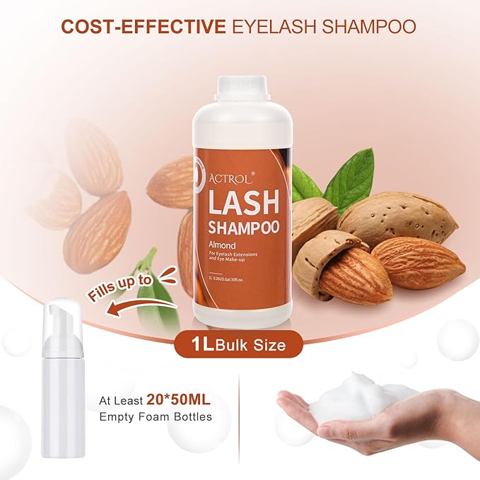 Eyelash Extension Cleanser Almond 1L Natural Lash Extension Shampoo Professional Eyelid Foaming Cleanser Paraben & Sulfate Free Non-lrritating with Salon and Home Care