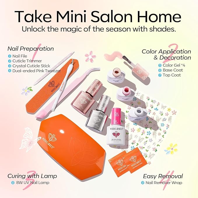 Modelones Summer Gel Nail Polish Kit with U V Light, White Jelly Glitter Hot Pink Neon Pastel Manicure Set, Base Top Coat Flower Stickers 4 Colors Gel Mini Salon Spring Nail Art Starter Gift for Women